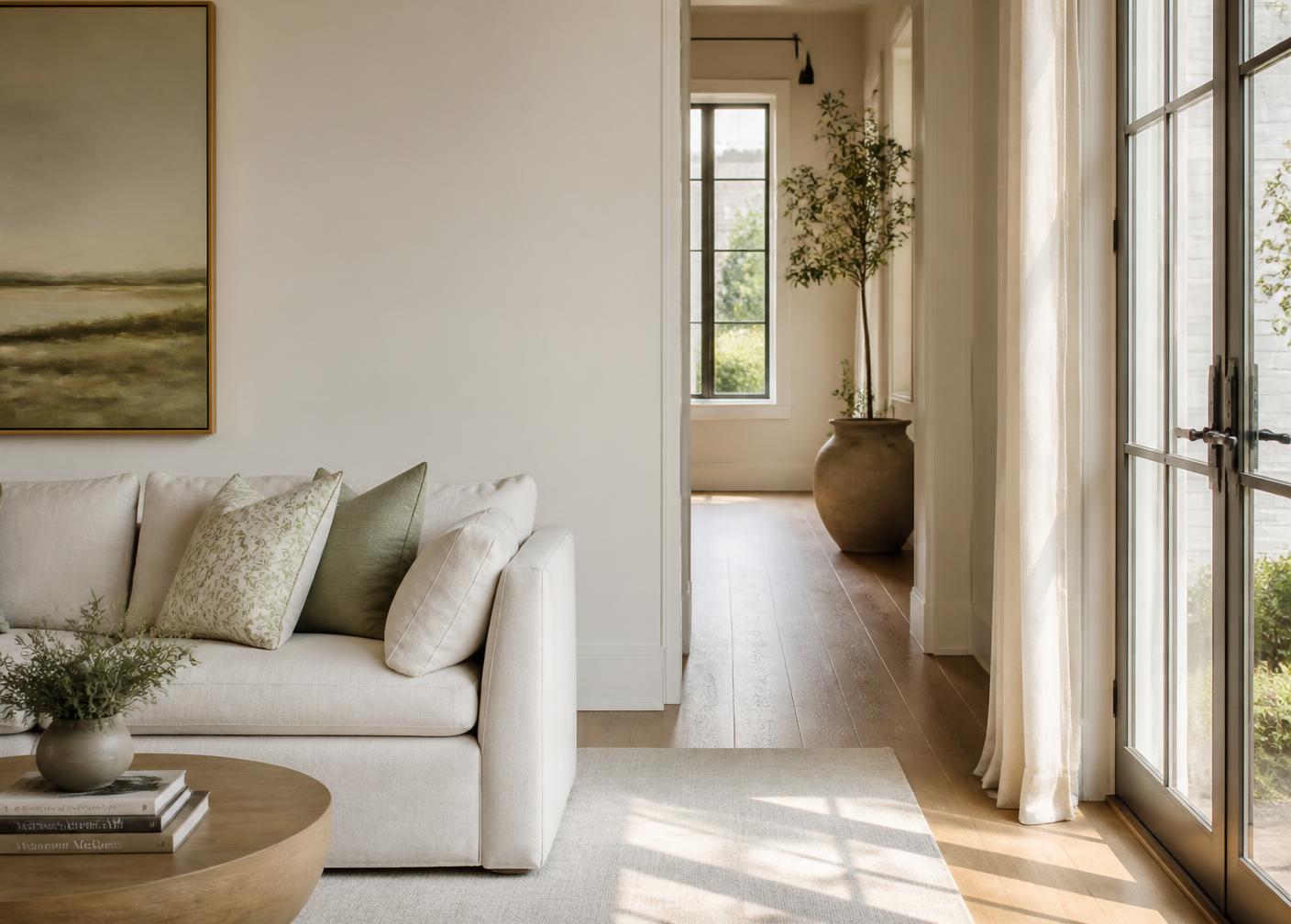Sunlit living room in an upscale Triangle home