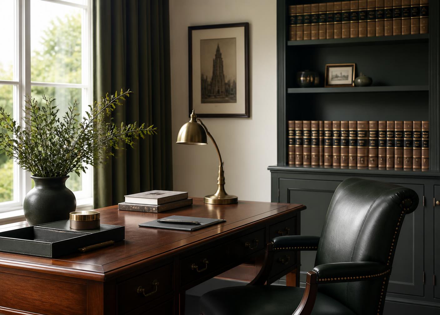 Quiet study with law volumes and a wooden desk